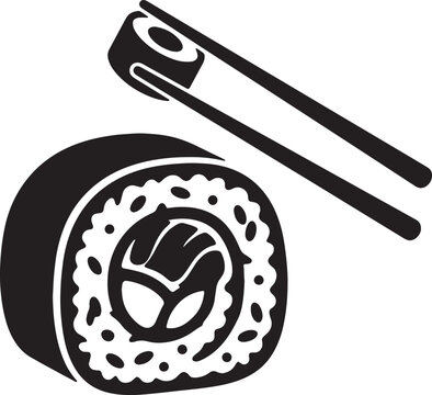Japanese maki sushi roll with chopsticks vector illustration for asian restaurant branding and seafood menu design isolated on checkered background.