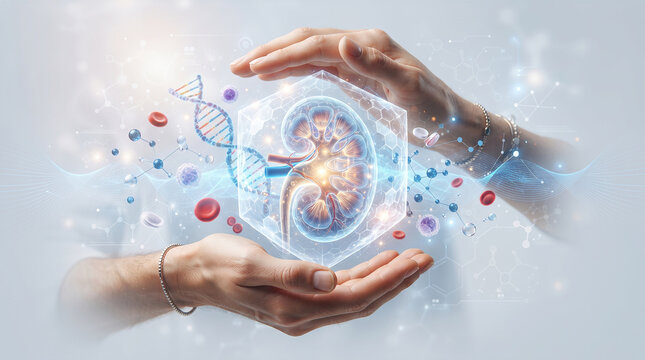 Kidney Protection and Precision Medicine Concept with Human Hands, DNA, Blood Cells and Biotechnology 3D Medical Illustration