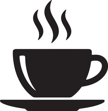 Black vector hot coffee cup icon, simple drink or beverage symbol, steam waves from mug, isolated artwork illustration.