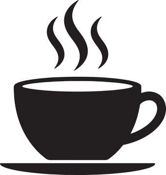 Hot coffee cup icon vector black, hot drink or beverage vector symbol, steam waves from mug, isolated vector art illustration.