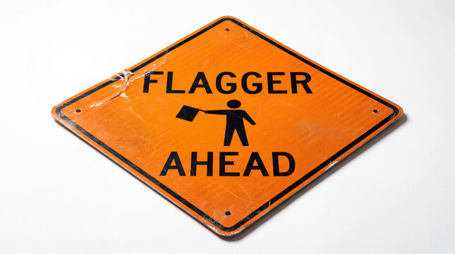 Worn orange diamond road sign with flagger ahead text and symbol for construction safety awareness and traffic control
