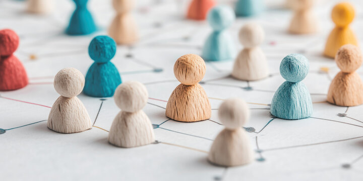 Human resources and social networking concept with colorful wooden figures connected by lines, corporate team structure background banner.