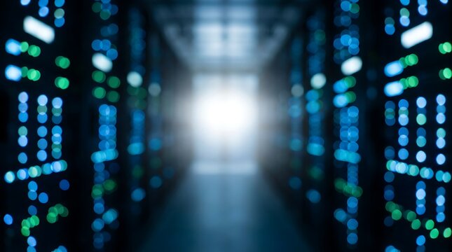 Abstract blurred background of futuristic data center or server room with glowing blue and green lights creating technological atmosphere.
