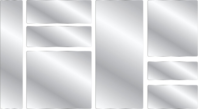 Set of metallic silver glossy rectangular frames, buttons and banners with beveled edges, shiny chrome ui elements for web design, interface icons, and digital graphics