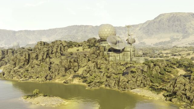 Nestled on a rocky hillside, remnants of an old outpost overlook a calm lake, surrounded by rugged mountains. The tranquil scene hints at past activities in this peaceful landscape.