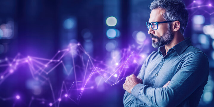 Businessman looking at glowing financial stock market charts, investor analyzing trading graphs on neon bokeh background panoramic banner.