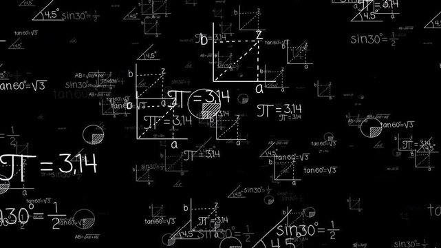 Math formulas motion overlay animation floating randomly on black background 4K video