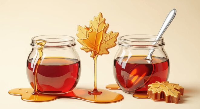 Pure maple syrup in two glass jars with a metal spoon, featuring a maple leaf shaped candy on a stick and a second maple candy piece on a beige surface with amber liquid spills.