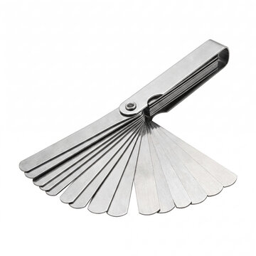 Generic mechanical feeler gauge measuring tool isolated on white.