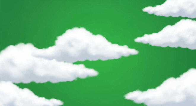 Fluffy white cumulus clouds isolated on a bright green screen background for chroma keying and digital compositing. Realistic atmospheric weather elements for video editing and VFX.