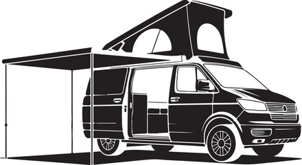 Camper van with pop-up tent and awning open © Soriyea