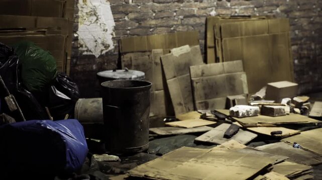 Dusty and dimly lit, a basement holds forgotten items like trash bags and cardboard boxes. The air carries a sense of neglect, capturing a hidden space of past stories waiting to be told.