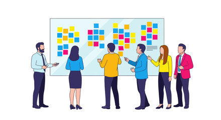 Fototapeta premium Professional Team Collaborating Around Glass Whiteboard With Colorful Sticky Notes During Creative Brainstorming Session