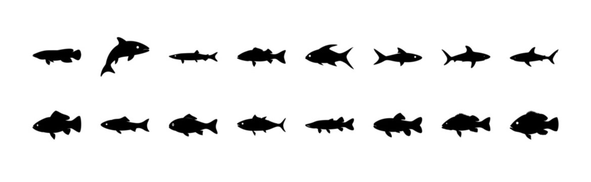 Black fish icons in a row - Minimalist black silhouette icons of various fish swimming in a simple linear arrangement, ideal for educational or decorative use.