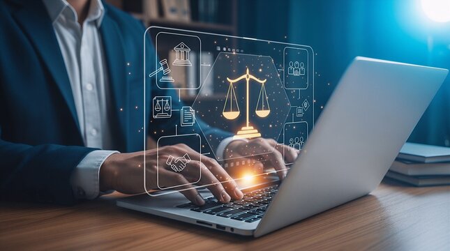 Lawyer or legal professional using laptop with digital legal interface showing scales of justice courthouse and handshake icons symbolizing justice and legal services.