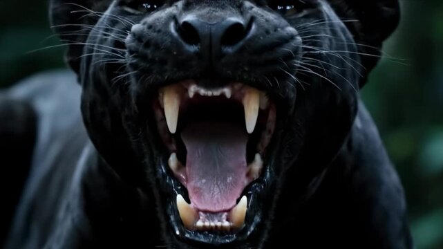 Black panther growls with bared teeth, displaying strength and intensity. Surrounded by lush greenery in a vibrant jungle setting. Concept of wildlife, nature conservation, animal photography