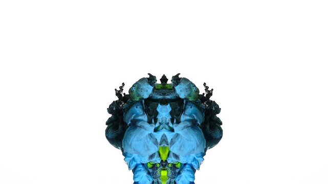 A green-blue mirrored ink mass looks like a mutant idol or aquarium creature preserved in a sterile white room. Suitable for biotech teasers, eco-thriller graphics, surreal science explainers