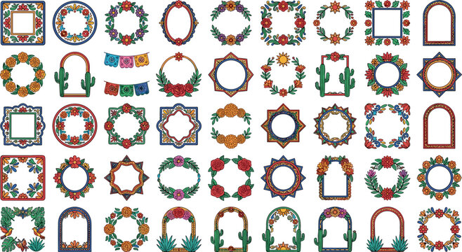 Mexican Floral Borders and Wreaths Vector Mega Set with Traditional Talavera Patterns and Cactus Elements for Fiesta Party Invitations and Cultural Graphic Designs