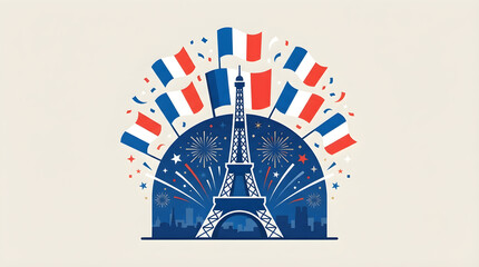 Bastille Day Fete Nationale Vector Illustration, Flat Design Paris Skyline Banner with Eiffel Tower, Fireworks, Notre Dame, and French Tricolor Ribbon