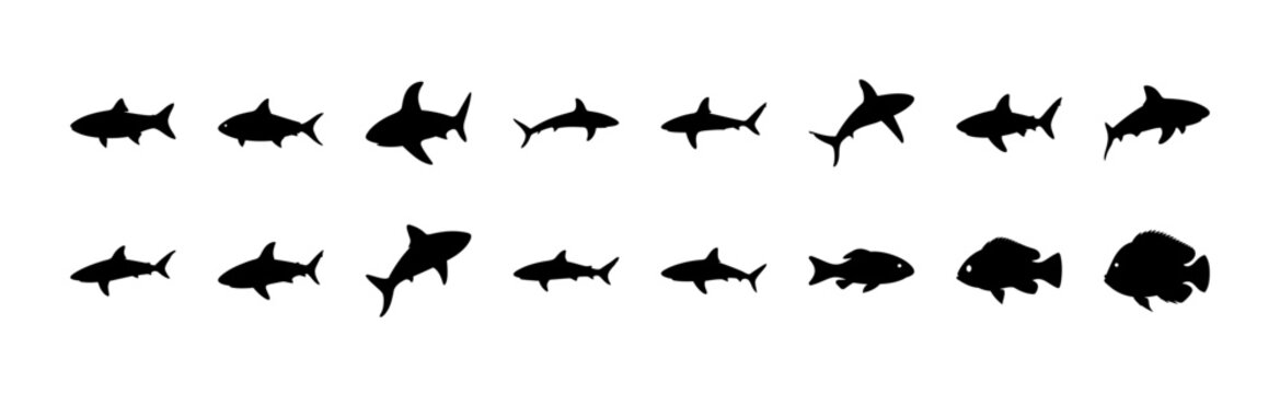 Black fish icons in a row - Simple set of black silhouette fish icons arranged neatly in two rows for design or illustration use