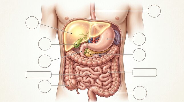 Detailed anatomical illustration of the human digestive system and organs