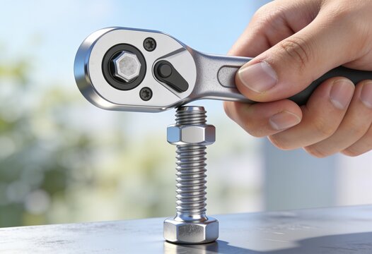 Hand using ratchet wrench to tighten bolt on metal surface outdoors