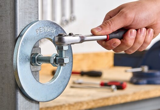Hand tightening eye bolt and washer on metal fixture with screwdriver