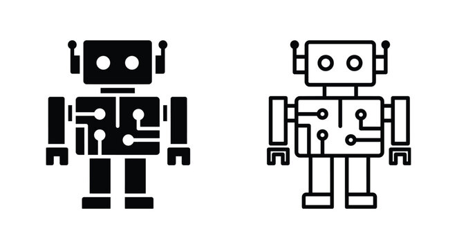 Set of two simple robot icons with circuit board patterns in black and white styles Vector