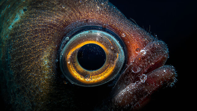 魚の虹彩の輪と濡れた皮膚を細かく写した水中マクロ写真