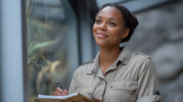 Zoo Keeper Observing Wildlife: A thoughtful zoo keeper, dressed in a khaki uniform, diligently takes notes while observing the animals through a large glass window.