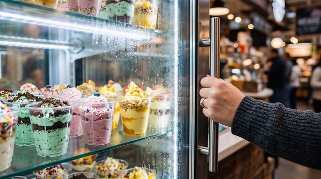 Customer opening glass door of refrigerated display case with various desserts and parfaits in a cafe refrigerator customer selection business interior purchasing