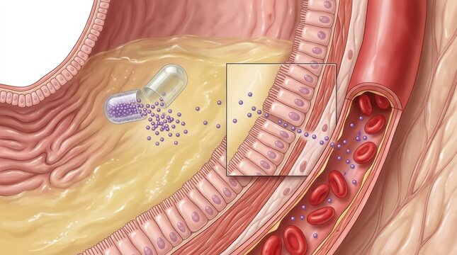Drug absorption from the digestive tract into the bloodstream illustrated