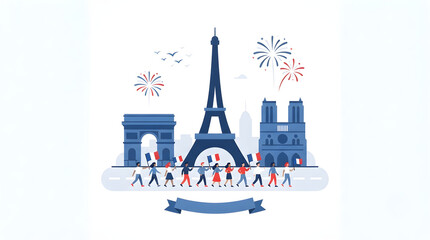 Bastille Day Fete Nationale Vector Illustration, Flat Design Paris Skyline Banner with Eiffel Tower, Fireworks, Notre Dame, and French Tricolor Ribbon