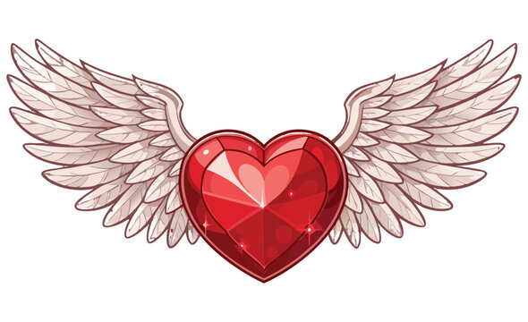 Vector illustration of a faceted ruby crystal heart with spread angel wings