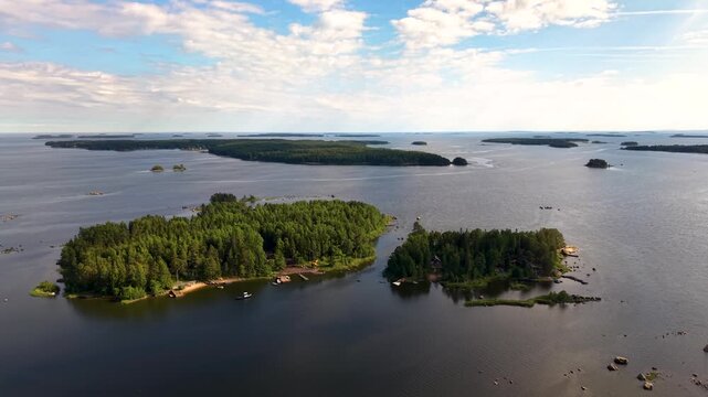 Aerial drone view to islans in the Finnish archipelago in the Eastern Finland's Baltic Sea coast, near the Russian border.