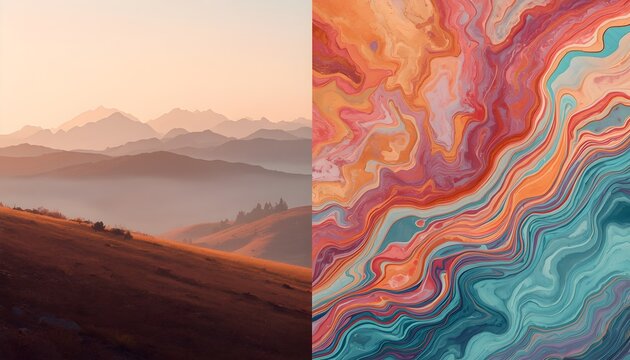Diptych Concept of Foggy Mountain Landscape and Colorful Fluid Acrylic Abstract Art