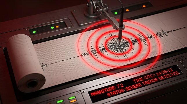 Digital seismograph tracking seismic activity with glowing warning rings