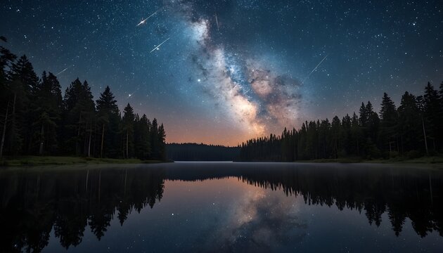 Majestic Milky Way Galaxy and Meteor Shower Reflected in a Calm Wilderness Lake