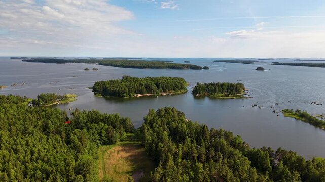 Aerial drone view to the Eastern Gulf of Finland archipelago in the Baltic sea, near Russian border.