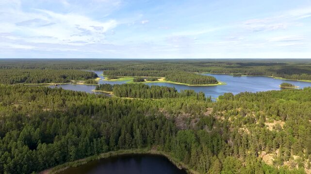 Aerial drone view to the Baltic Sea coast near Hamina, Finland, in the Eastern Gulf of Finland archipelago.