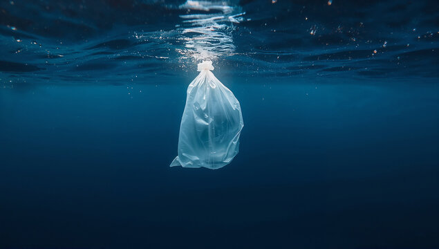 青い海中を漂う透明なプラスチック袋が示す海洋汚染写真