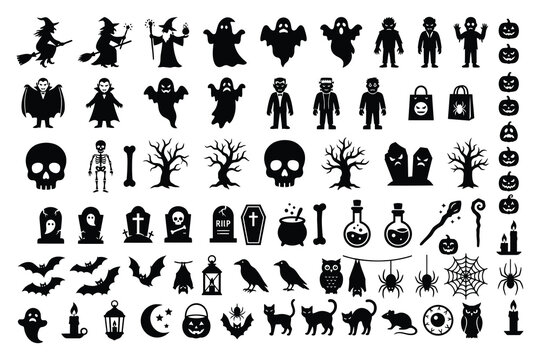Halloween Silhouette Icons Mega Bundle Editable EPS &ndash; Witch, Ghost, Pumpkin, Vampire, Skeleton, Skull, Bats, Spiders, Haunted Trees and Horror Vector Clipart Set