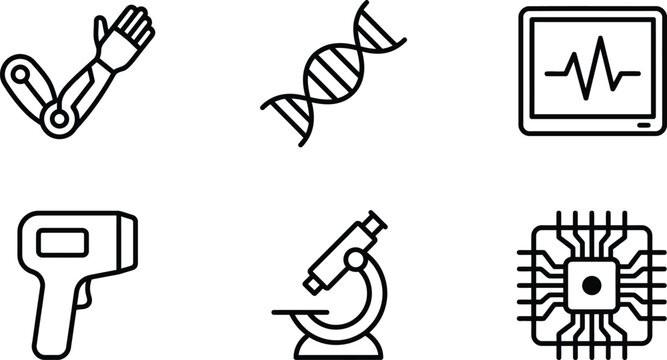 Biomedical engineering icon set with prosthetic and DNA strand symbols