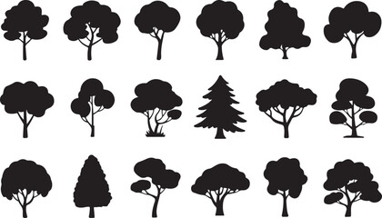 Variety of black and white tree icons set © Soriyea