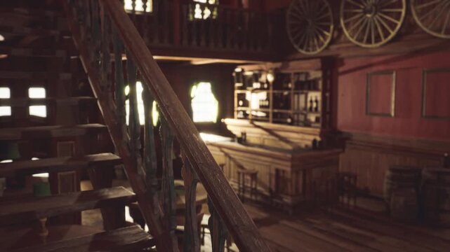 Narrow wooden staircase leading into shadowed bar alcove, whispered history of clandestine meetings, creaking banister and faded paint, moody lantern glow