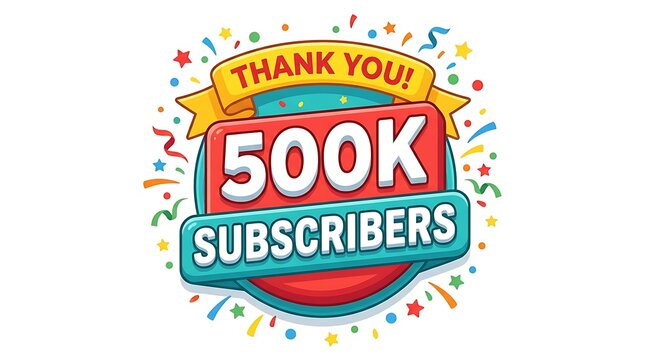 Illustration celebrating 500k subscribers, with confetti and streamers, thank you message for reaching milestone.
