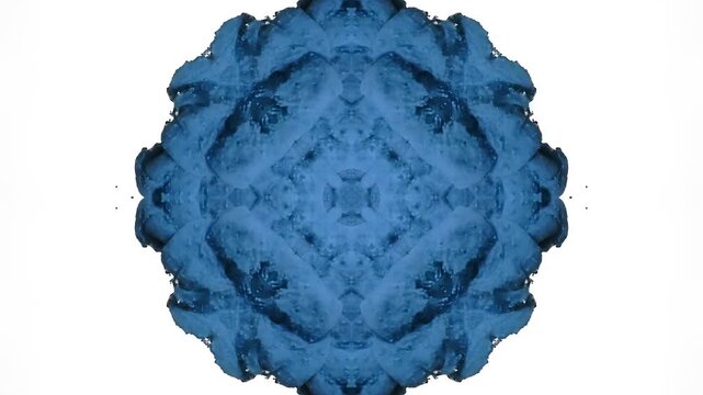 Dense blue ink expands into a mirrored bloom with soft smoky texture, creating an abstract motion background for art installations, screensavers, opening titles and hypnotic VJ visuals.