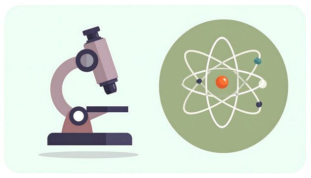 Flat vector illustration of a scientific microscope and a glowing atom model icon.