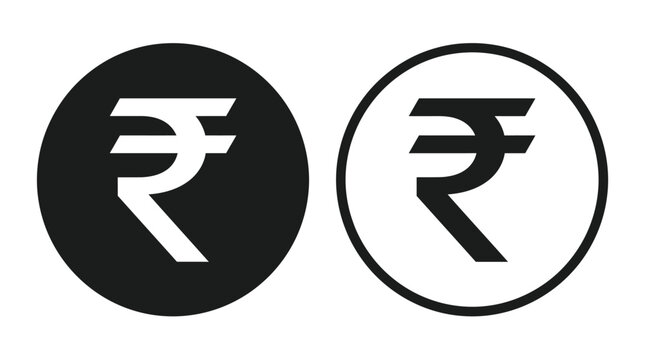 Two circular icons featuring the bold indian rupee currency symbol in black and white colors