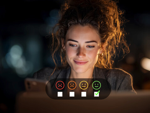 The young woman is choosing to rate her satisfaction with emojis in her review.